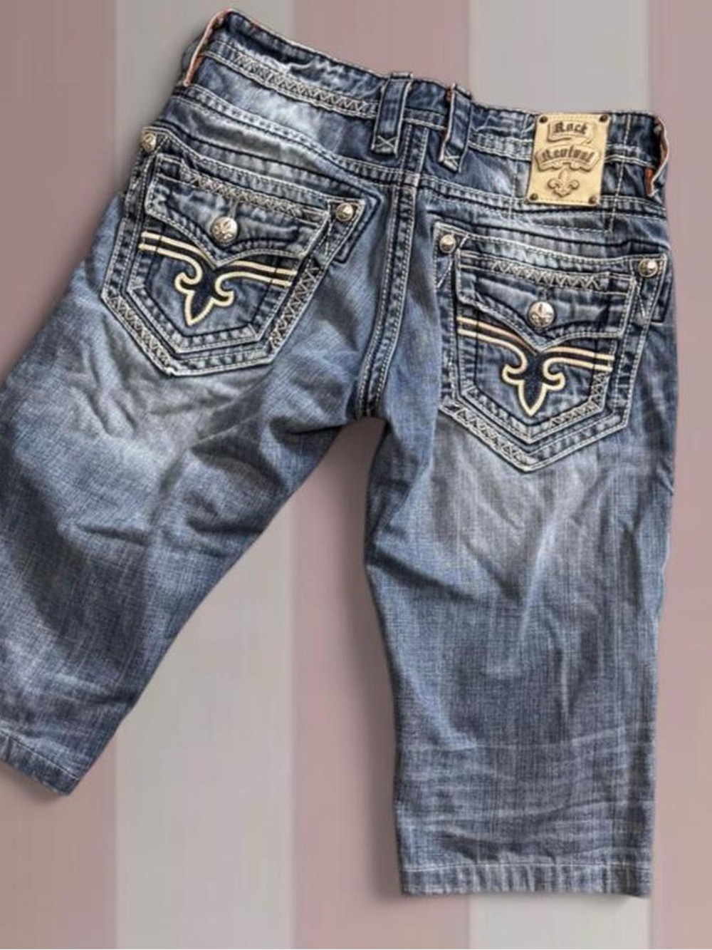 Mens Rock Revival blue denim shorts with embroidered details